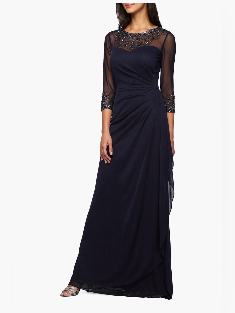 Alex Evenings Navy Beaded Illusion Neck Gown